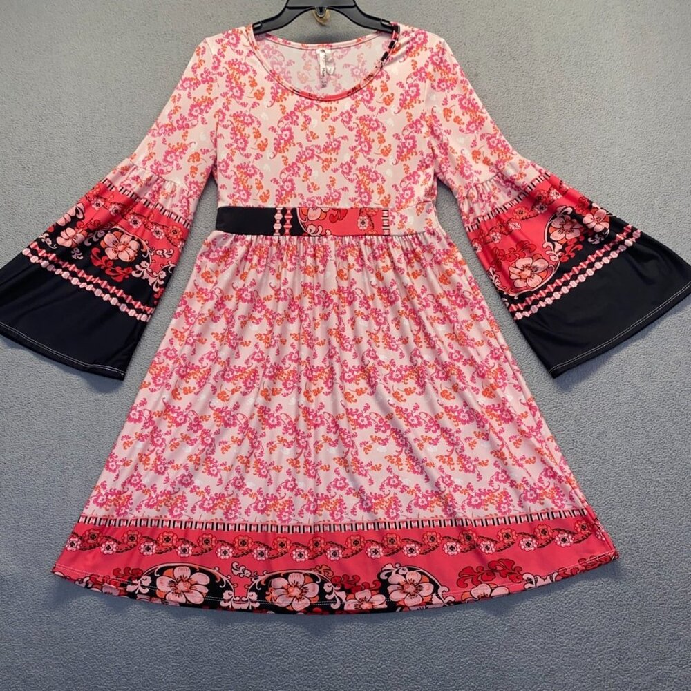 Moa Collection Floral Dress  Bell Sleeve Dress Pink Womens Size XL